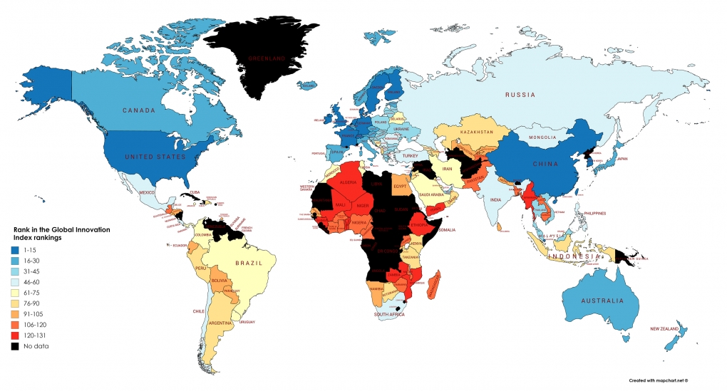 Countries ranked according to the Global Innovation Index 2020